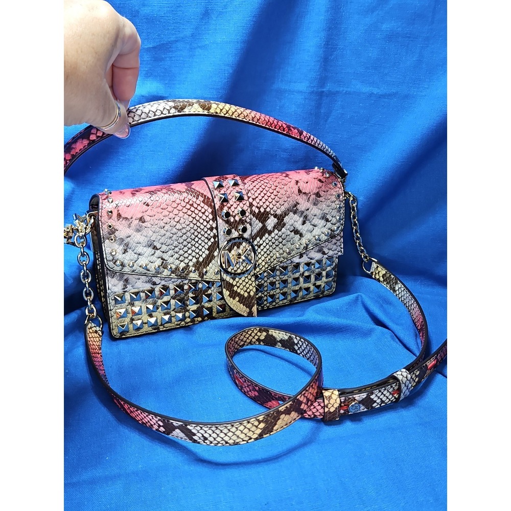 Michael Kors Greenwich Dahlia Studded Snakeskin Purse Ombre Convertible Leather - Picture 4 of 16
